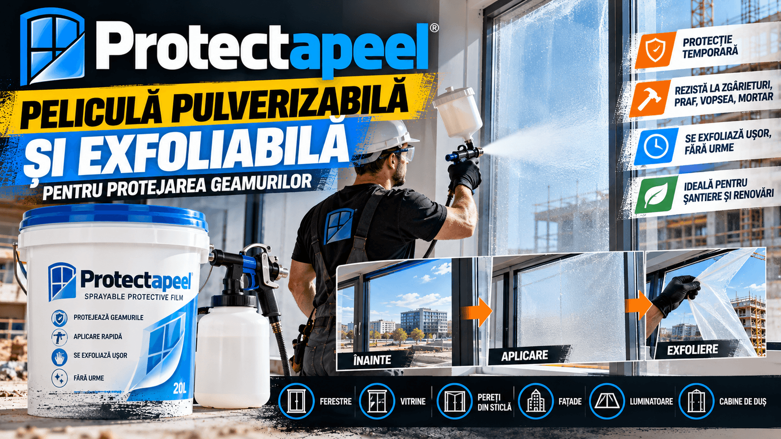 Protectapeel: peliculă pulverizabilă exfoliabilă pentru protecția geamurilor